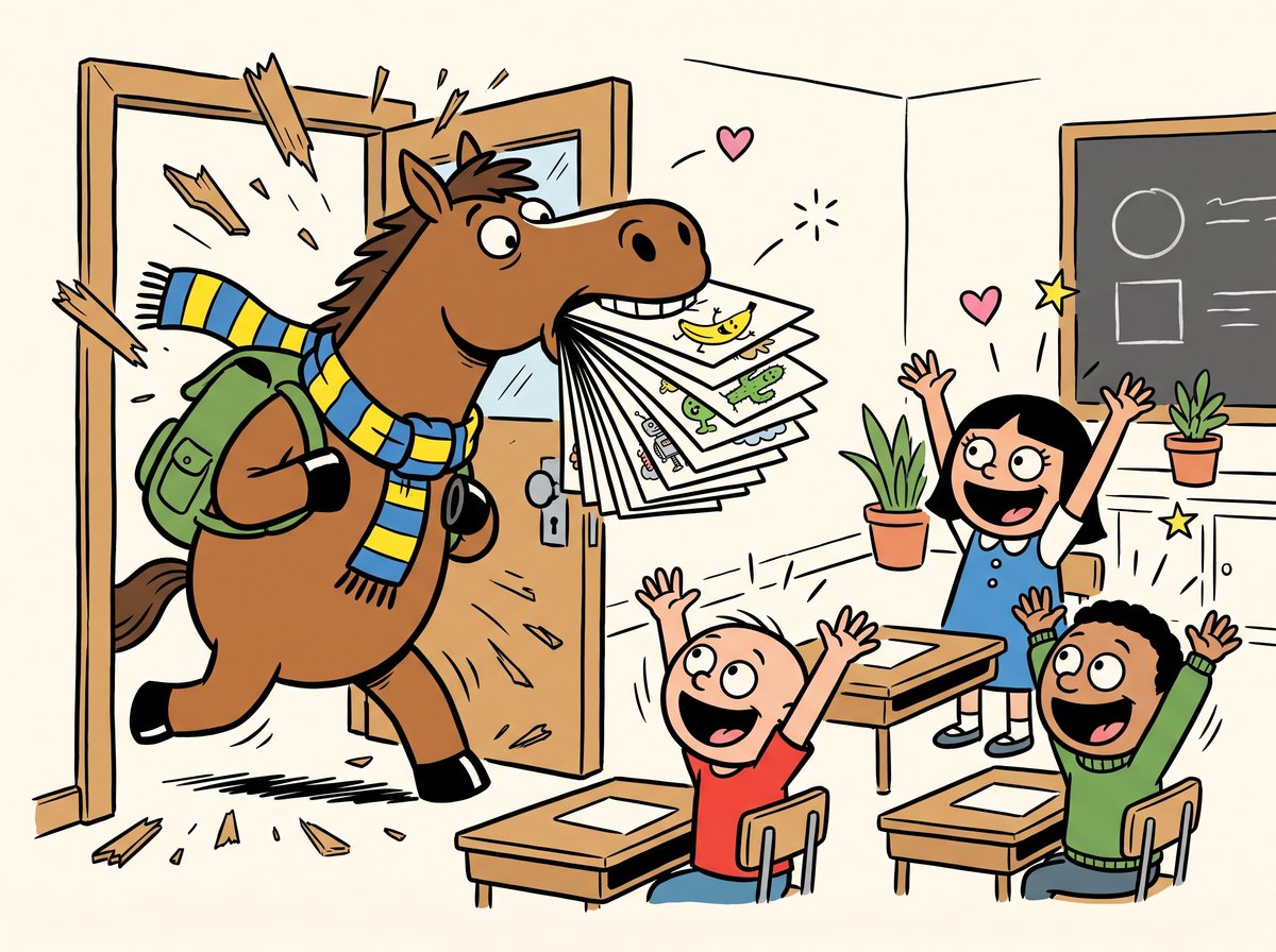 A horse with a backpack bursts into a classroom carrying a fan of cards while kids cheer