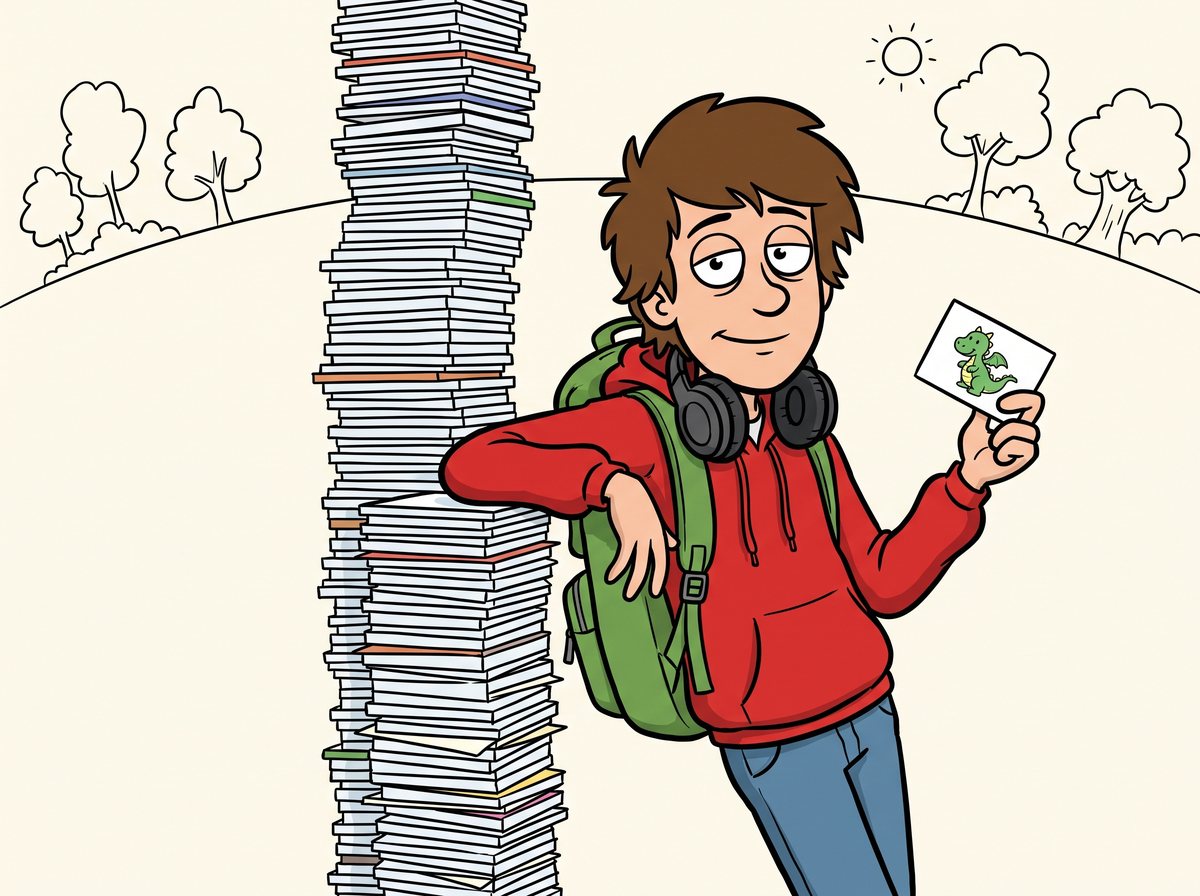 A teenager with headphones leans on a stack of cards taller than they are, holding one up
